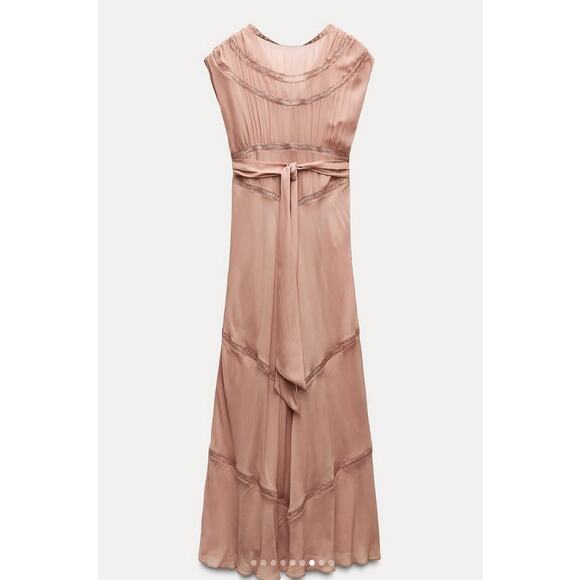 ZARA 2025 Collection | NEW Tan Lace Slip Midi Dress Medium Dainty Coquette Fem - Picture 7 of 12